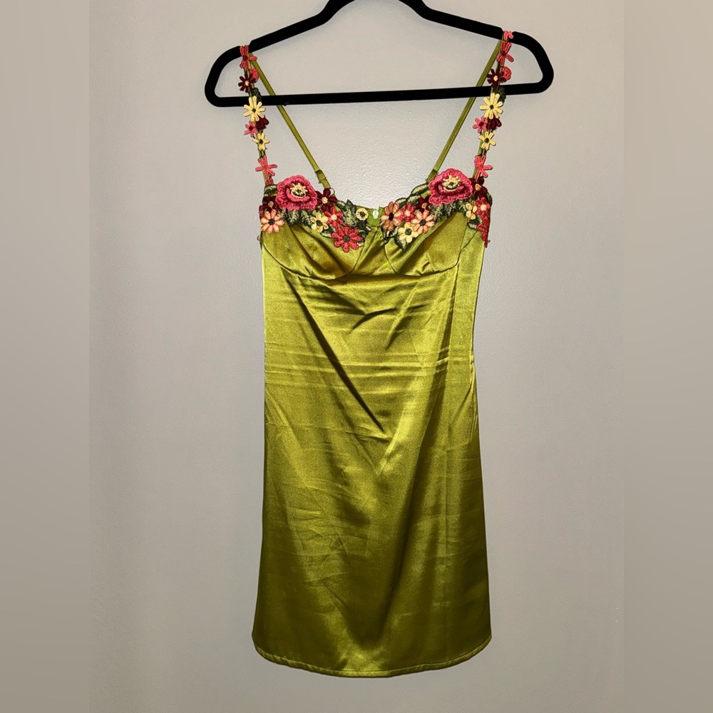 Olive Green Satin Slip Dress with Floral Embroidered Straps